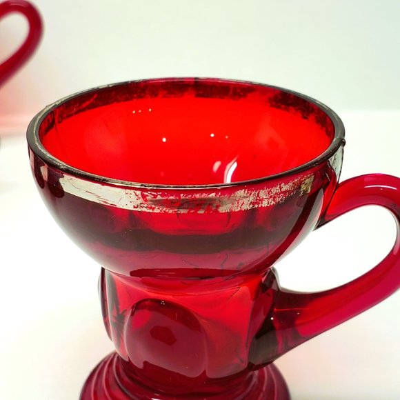 Vintage New Martinsville Ruby Red Moondrops Whiskey Glass Demitasse Gilt Set x5 - Picture 7 of 8